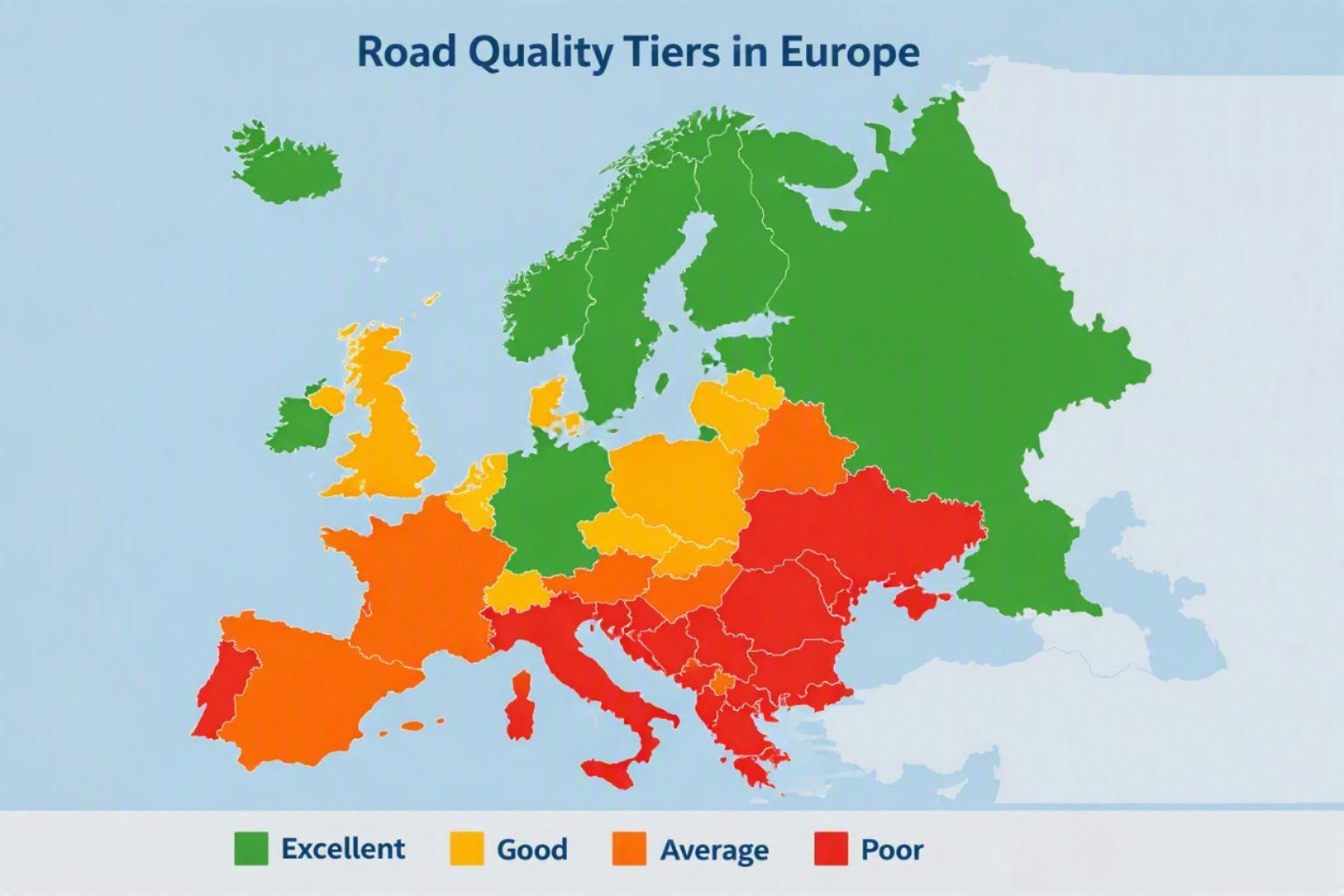 A chart showing tiers of road quality in Europe
